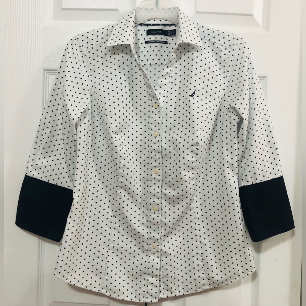 Nautical . White Blouse with Black Dots and Navy Blue on the Sleeve.
